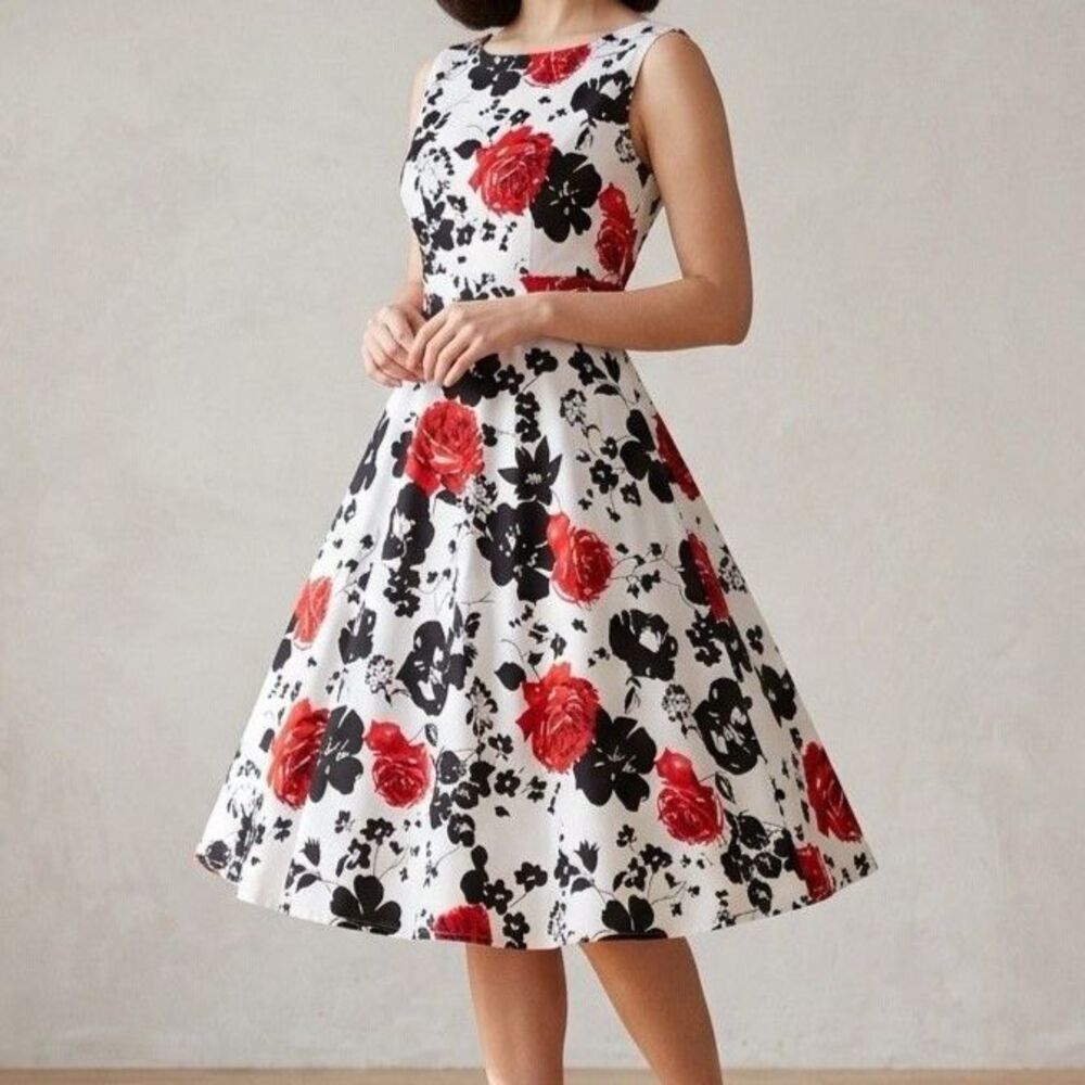 New Light Retro Floral A-Line Midi Dress White Red Black Rose Print Fit Flare XL